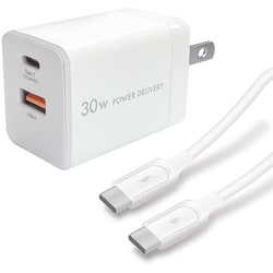 ヨドバシカメラオリジナル USB急速充電器 USB PD（パワーデリバリー）対応 30W USB-C×1/USB-A×1 USB-端子ケーブル付き（1.5m） PD-PPS やわらかケーブル 折り畳みプラグ ホワイト YDC-ACUC30PQSKC150WH