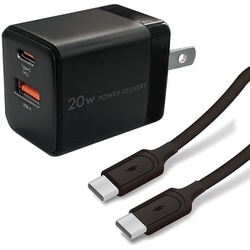 ヨドバシカメラオリジナル USB急速充電器 USB PD（パワーデリバリー）対応 20W USB-C×1/USB-A×1 USB-端子ケーブル付き（1.5m） PD-PPS やわらかケーブル 折り畳みプラグ ブラック YDC-ACUC20PQSKC150BK