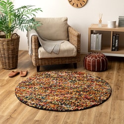 ポコポコ マルチカラーの手織りマット 円形 ウール100％ 120R イエロー