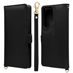 Galaxy S25 Ultra用 手帳型 カード入れ おしゃれ スタンド機能 シンプル ハンドストラップ付き サイドマグネット ブラック 8752GS25UBHSBK