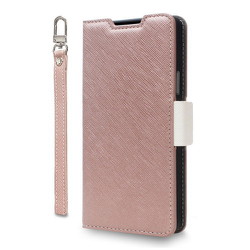 らくらくスマートフォン F-53E用 手帳型ケース カード収納 ストラップ スタンド機能付 シャンパンローズ×ホワイト CR_RS2CSPLNA_CW