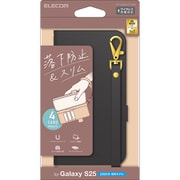 Galaxy S25 ケース レザー カバー 手帳型 マグネット フラップ 衝撃吸収 ワイヤレス充電可 ストラップホール付 スタンド機能付 落下防止ハンドストラップ付 ブラック PM-G251PLFY4BK