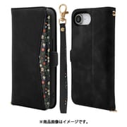 iPhone 16e用 手帳型ケース 花柄デザイン カード入れ スタンド機能 ハンドストラップ付き スウェード調 サイドマグネット ブラック 8622IP5EBHSBK