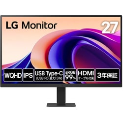 液晶モニター/27型 LG Monitor/WQHD（2560×1440）/100Hz/IPS/sRGB 99％/HDR/アンチグレア/HDMI/USB Type-C（USB PD15W）/フリッカーセーフ/ブルーライト低減モード/色覚調整/メーカー3年保証 27U631A-B