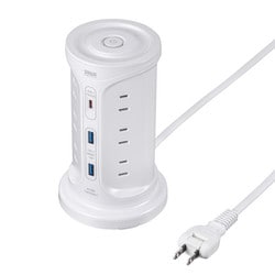 電源タップ タワー USBポート付き Type-C USB C×1/USB A×2 PD30W 電源コード 2m 12個口 2P 一括集中スイッチ 折りたたみ式プラグ ブラーカー機能付き USB充電器 ホワイト TAP-B112C1A2W