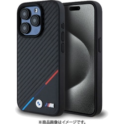 BMW iPhone 15 Pro用 ケース バックカバー カーボン＆トリコロール ストライプ、メタル Magsafe充電対応 ブラック BMHMP15L23PUDTK