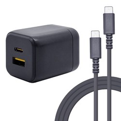 ケーブル付AC充電器 Power Delivery20W対応USB-Cポート USB-Aポート搭載 柔らかケーブル1.5m チャコールグレー RACCA20W04CGRY