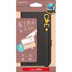 iPhone 16e用 レザーケース 手帳型 耐衝撃 磁石付き ステッチ ハンドストラップ付 ブラック PM-A25SPLFY4BK