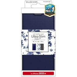 iPhone 16e用 レザーケース 手帳型 UltraSlim Flowers 薄型 磁石付き ネイビー PM-A25SPLFUJNV