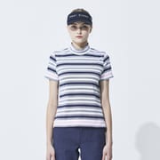 ゴルフウェアレディース L ベア鹿の子ボーダー半袖モックネック シャツ半袖 M ブルー系 002-23241-40-096