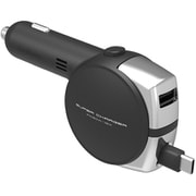 DC充電器 ワンプッシュ コード巻取り リール式 USB-C PD30W + USB-A 18W 合計最大出力 48W 車載用 ノートPC スマートフォン タブレット 充電 12V/24V車対応 ブラック DC-070
