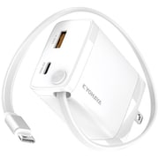 USB-C 巻取式 ケーブル 内蔵 急速充電器 PD / QC 対応 最大出力 30W 3台同時充電 USB-C ポート /USB-A ポート 付き ホワイト YDPD30R1WH