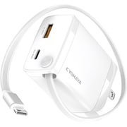 USB-C 巻取式 ケーブル 内蔵 急速充電器 PD / QC 対応 最大出力 30W 3台同時充電 USB-C ポート /USB-A ポート 付き ホワイト YDPD30R1WH