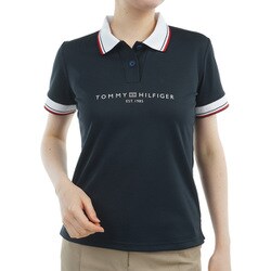 ゴルフウェアレディース 25S フロントロゴ ホワイトカラー半袖ポロ Lサイズ NVY THLA531