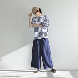 980071004 リネン風リラクシーなのにキレイ見えワイドパンツ Mサイズ ネイビー fr980071
