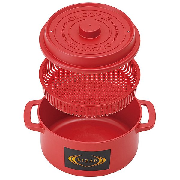 RIZAP ココット風 電子レンジ用 ザル付き鍋 1.6L レッド MWCP2