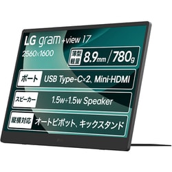 モバイルモニター/LG gram ＋view 17/17型/WQXGA（2560×1600）/16：10/IPSパネル/アンチグレア/miniHDMI×1 USB-C×2 /スピーカー内蔵/縦横表示対応キックスタンド/オートピボット 17MT70