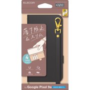 Google Pixel 9a用 ケース レザー カバー 手帳型 マグネット フラップ 衝撃吸収 ワイヤレス充電可 ストラップホール付 スタンド機能付 ハンドストラップ付 ブラック PM-P251PLFY4BK