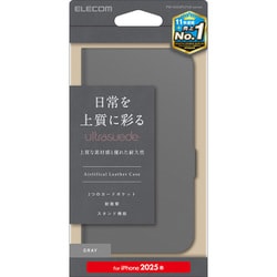PM-A25SPLFUSGY [iPhone 16e用 ケース レザー カバー 手帳型 マグネット フラップ 衝撃吸収 スタンド機能付 スエード カードケース機能付 グレー]