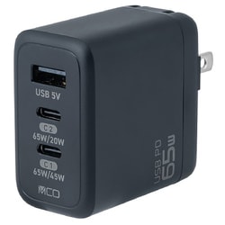 USB急速充電器 USB PD（パワーデリバリー）対応 65W USB-C×2/USB-A×1 GaN（窒化ガリウム）搭載 スイングプラグ採用 ブラック JYU-ACU013BK