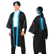 ソフトサテンロングハッピ 袖付/ハチマキ付 L 黒/青襟 18605