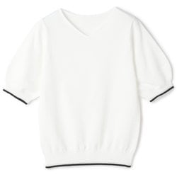 五分袖 Vネック配色ニット（白/S） レディース MW25SS227