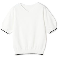五分袖 Vネック配色ニット（白/M） レディース MW25SS227