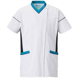 スクラブジャケット半袖（男女兼用） SS ホワイト×ネイビー×ターコイズ 034-27