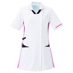 レディススクラブ 半袖 衿付 S ホワイト×ネイビー×ピンク 996-13