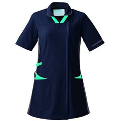 レディススクラブ 半袖 衿付 S ネイビー×ターコイズ×グレー 996-49