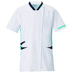 スクラブジャケット半袖（男女兼用） M ホワイト×ネイビー×ターコイズ 998-12