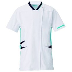 スクラブジャケット半袖(男女兼用) L ホワイト×ネイビー×ターコイズ 998-12