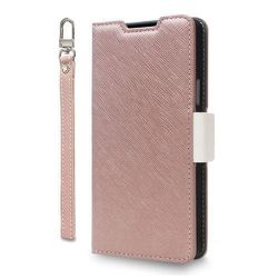 CR_AW5CSPLNA_CW [AQUOS wish5 対応 ケース 手帳型 カード 収納 ストラップ スタンド 付 スマホケース 合成 皮 革 デニム 携帯ケース NU シャンパンローズ×ホワイト]