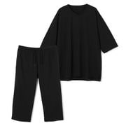 AOKI疲労回復ウェア・リカバリーケアプラス ゆったり五分袖Tシャツ&七分丈パンツ コットンブレンド ユニセックス(黒/LL) 2412001