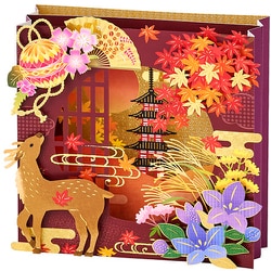秋カード コラージュボックス丸窓に紅葉 502111
