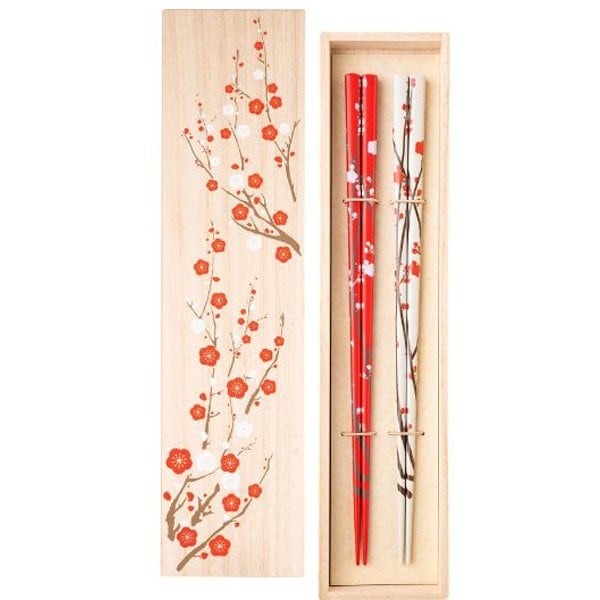 Rimpa 紅白梅箱入り 23cm 箸 食洗機可 日本製 桐箱入 ギフトセット S-82007