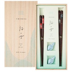 海の音 螺鈿市松ペア 落雁貝箸置付 箸23cm/21cm 食洗機可 日本製 ギフトセット 桐箱入 S-12209