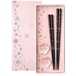 太口夜桜ペア 清水焼箸置付 箸 23cm/21cm 箸置付 食洗機可 日本製 ギフトセット S-86136