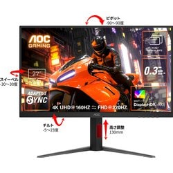 ゲーミングモニター/27型/4K 160Hz、FHD 320Hz（デュアルリフレッシュレート）/0.3ms/FastIPS/HDMI2.1×2、DP1.4×1/DisplayHDR400/高さ調節、ピボット/3年保証 U27G4/11