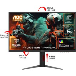 ゲーミングモニター/QDミニLED/27型/4K 160Hz、FHD 320Hz（デュアルRR）/1ms（GtG）/FastIPS/HDMI2.1×2、DP1.4×1/HDR1000/1152zones/量子ドット/高さ調節/3年保証 U27G4XM/11