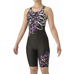 フィットネスワンピーススパッツ（オープンバック ハーフレッグ ぴったりパッド） レディース 水着 ブラック/パープル（BKPP） Mサイズ AS5FWF15L