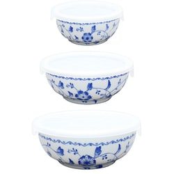 ロイヤルブルーパック鉢 花柄 蓋付 保存容器 3点セット 250ml 400ml 800ml ブルー 382804
