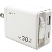 急速充電器 USB PD（パワーデリバリー）対応 リール式USB-Cケーブル一体型 0.6m 30W USB-C×1/USB-A×1 折りたたみプラグ PSE認証 ホワイト AKJ-30PDR
