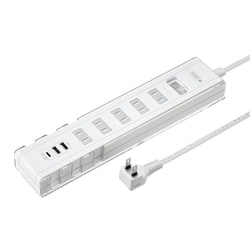 電源タップ AC×5/USB-C×1/USB-A×2 PD30W スマホ/タブレットスタンド機能付き 一括集中スイッチ 雷ガード ほこり防止シャッター付 1.5m 2P L型プラグ ホワイト TAP-B47UC-15W