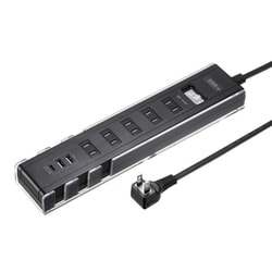 電源タップ AC×5/USB-C×1/USB-A×2 PD30W スマホ/タブレットスタンド機能付き 一括スイッチ 雷ガード ほこり防止シャッター付 3m 2P L型プラグ ブラック TAP-B47UC-3BK