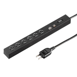 スリムタップ 縦横間自在に差し込み可能 AC×6/USB-C×1/USB-A×1 PD33W 1.5m 折りたたみ式プラグ ブラック TAP-SLIM6UC-15BK