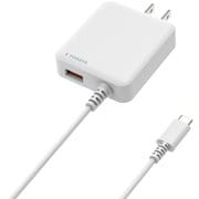 USB充電器 USB Type-C 充電ケーブル一体型 PD対応 30W 急速充電器 1.5m USB-Aポートつき 海外対応 極薄 ホワイト YDPD3015WH