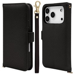 iPhone 17 Pro用 手帳型ケース カード入れ おしゃれ スタンド機能 シンプル ハンドストラップ付き サイドマグネット式 ブラック 8981IP5BBHSBK