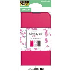 iPhone 17用 ケース レザー カバー 手帳型 マグネット フラップ 衝撃吸収 超軽量 薄型 ストラップホール付 スタンド機能付 花柄 UltraSlim ディープピンク PM-A25APLFUJPND