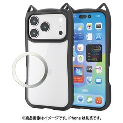 iPhone 17 Pro用 ケース ハイブリッド カバー 衝撃吸収 磁気吸着対応メタルステッカー付 ストラップホール付 ストラップホールシート付 猫耳デザイン 背面クリア ナイトキャット PM-A25CFCCATBK
